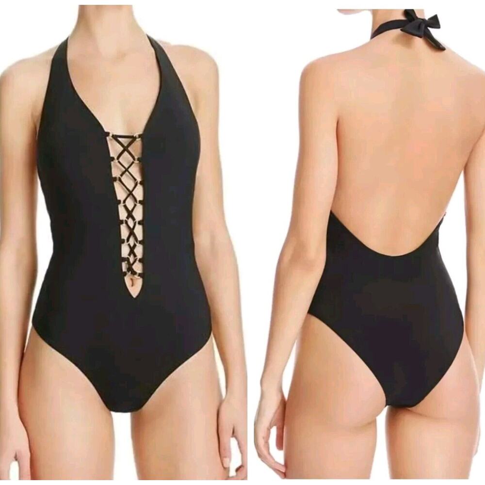 Red Carter Splice & Dice Plunge Lace Up One Piece Swimsuit Sz 8 $155